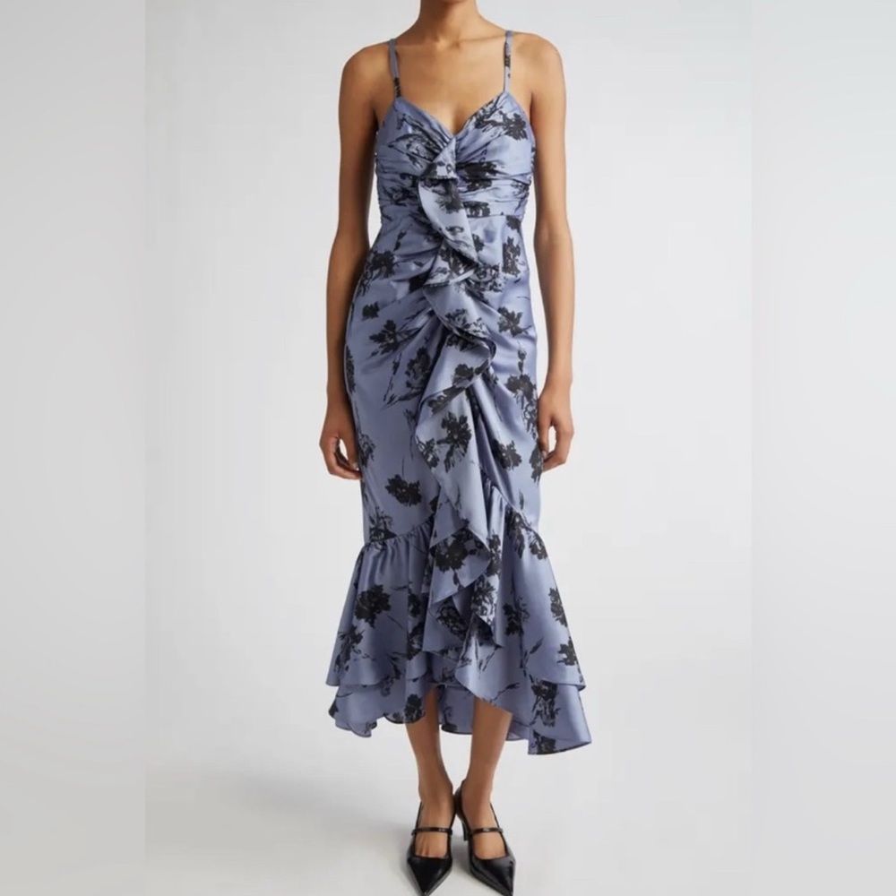 Cinq à Sept Akemi Cool Carnation Ruffle Detail Satin Dress - Rustic Blue Multi